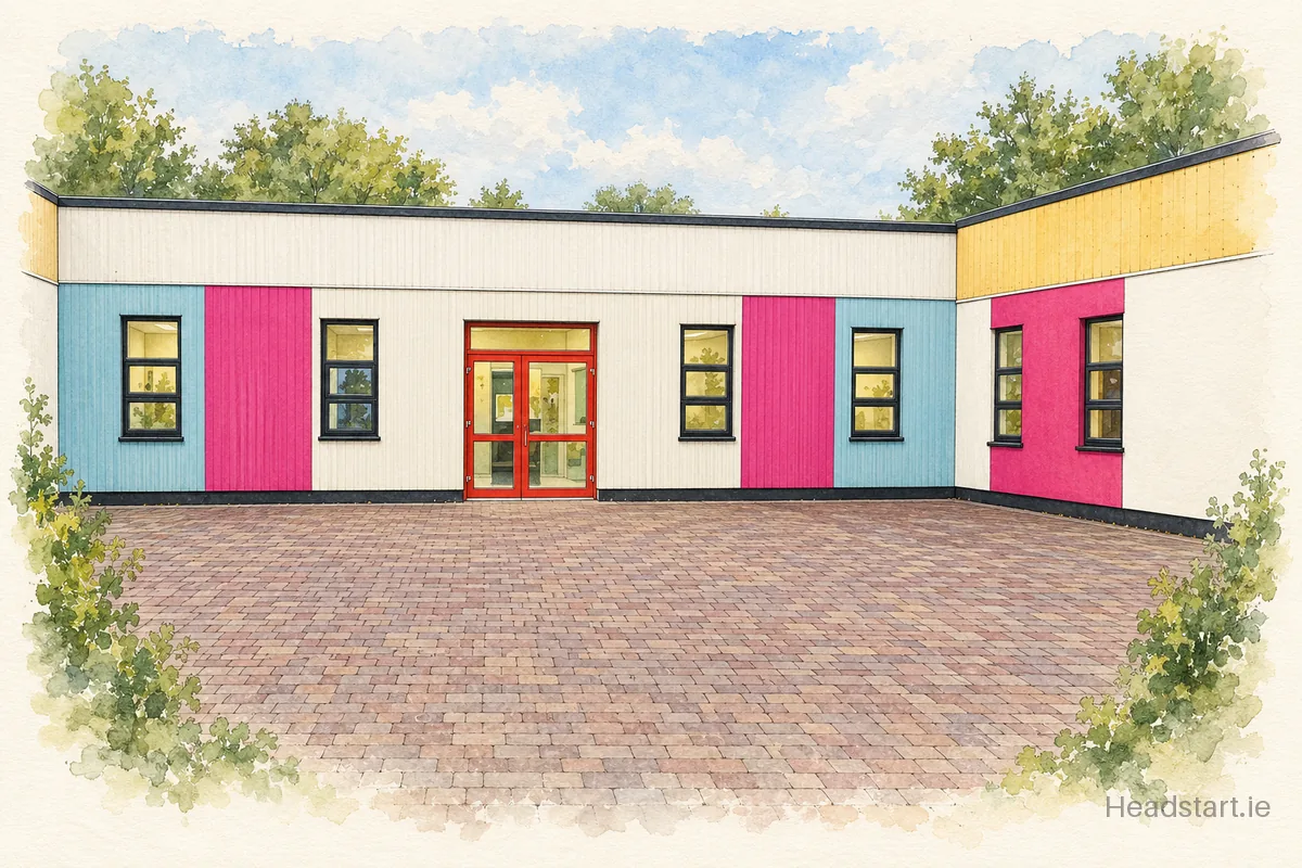 Watercolour illustration of the Red Door Special School building, Blackrock