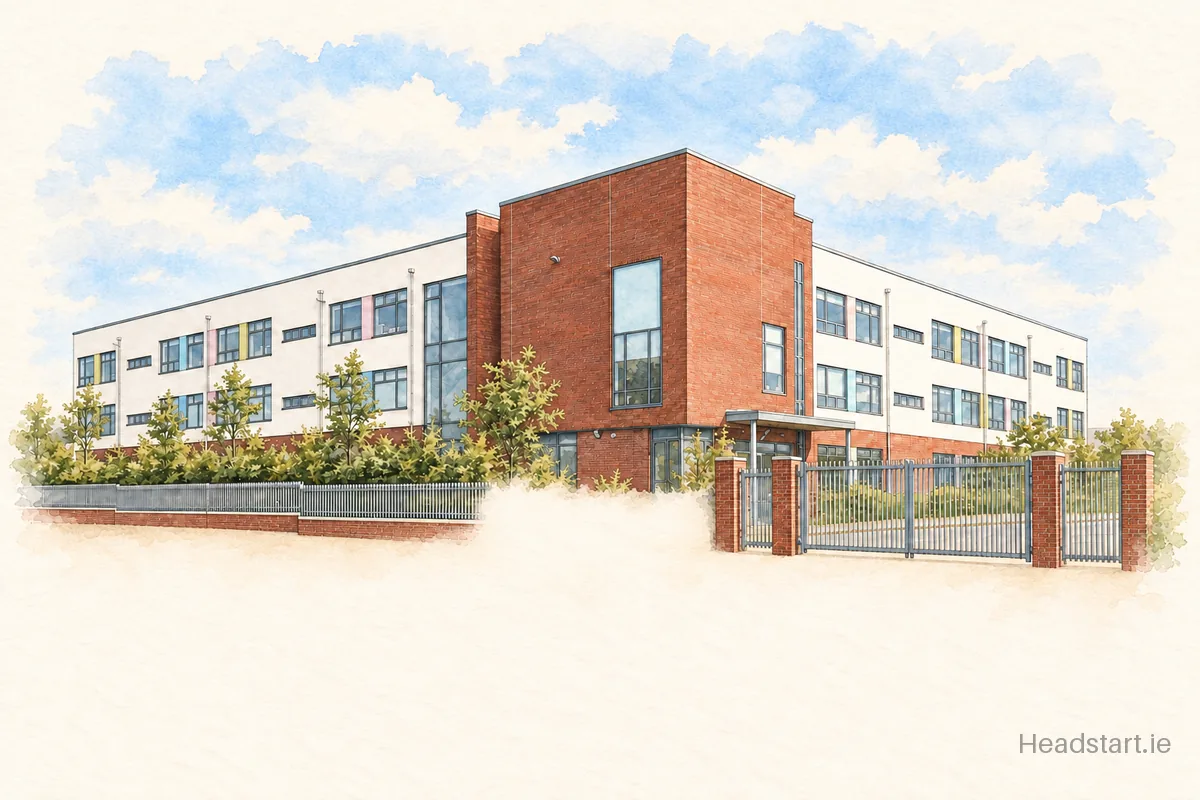 Watercolour illustration of the Hansfield Educate Together National School building, Hansfield