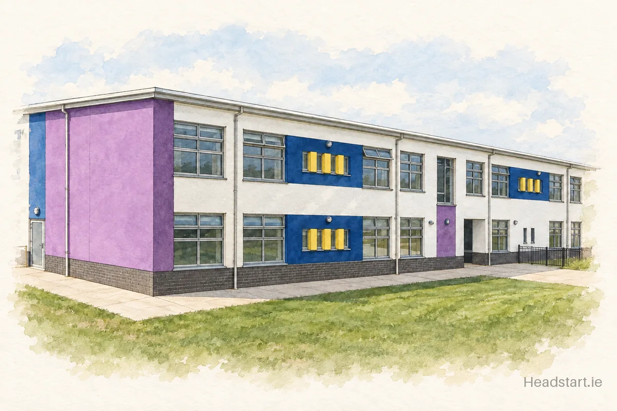 Watercolour illustration of the Powerstown Educate Together National School building, Tyrrelstown