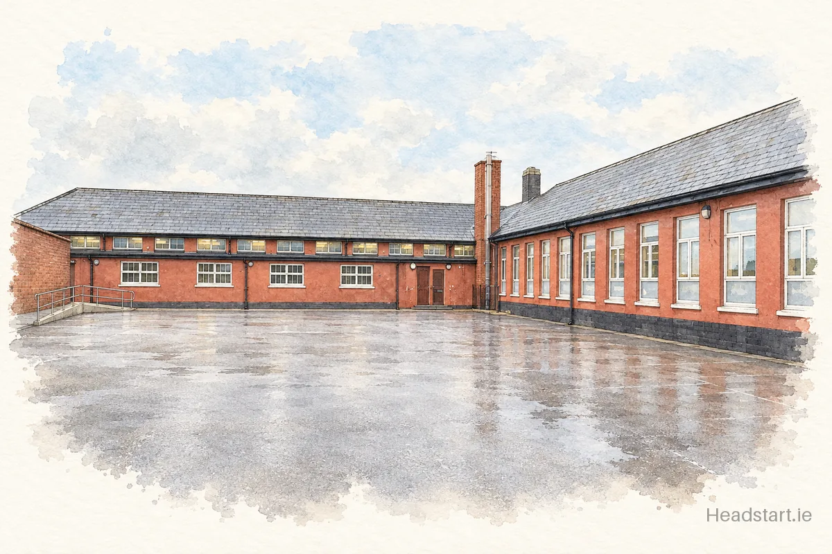 Watercolour illustration of the Bunscoil Chriost Ri building, Turners Cross