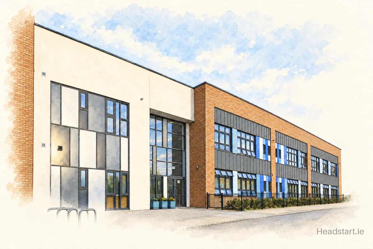 Watercolour illustration of the Pelletstown Educate Together National School building, Ashtown
