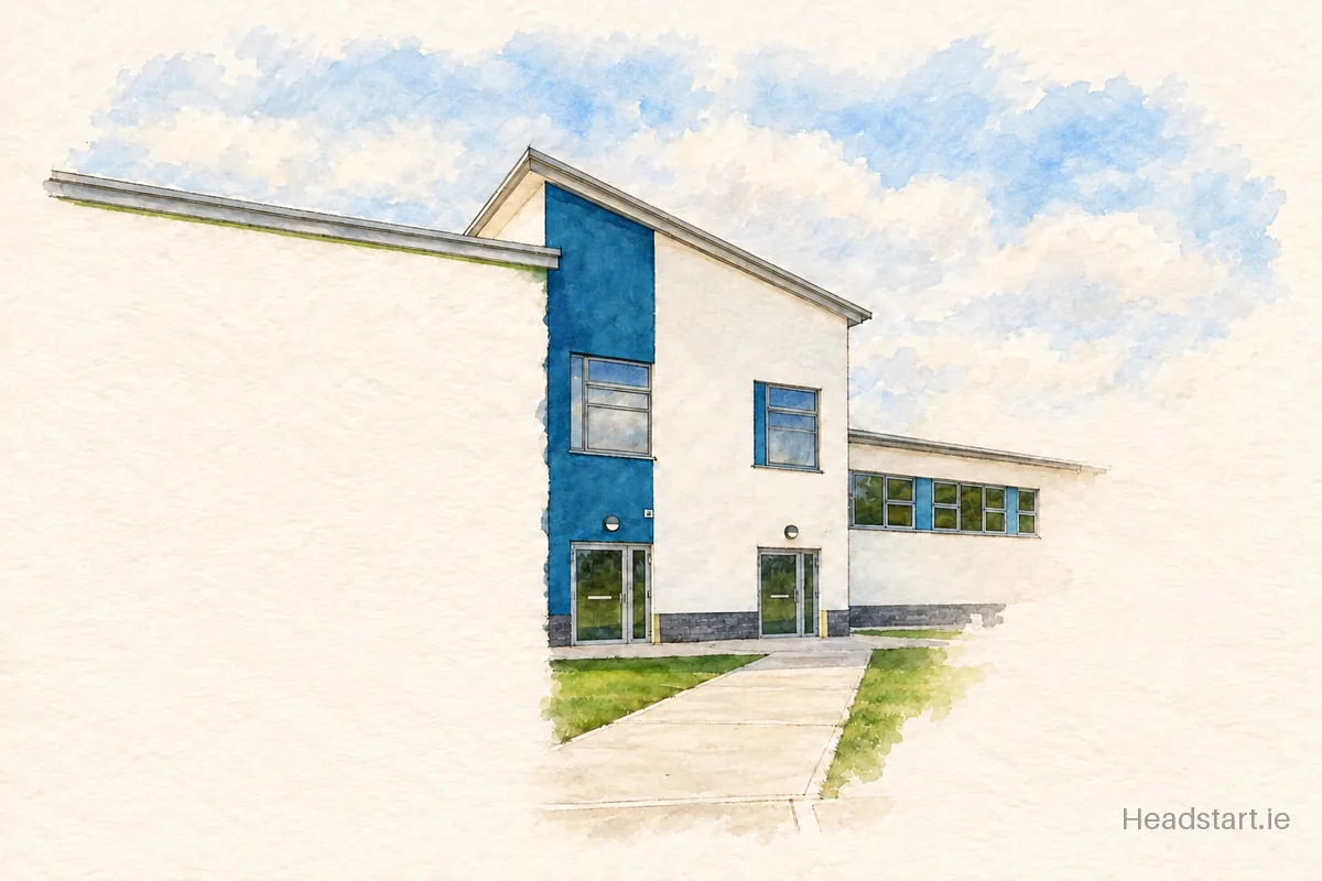 Watercolour illustration of the Gaelscoil An Chuilinn building, Baile an Tirialaigh