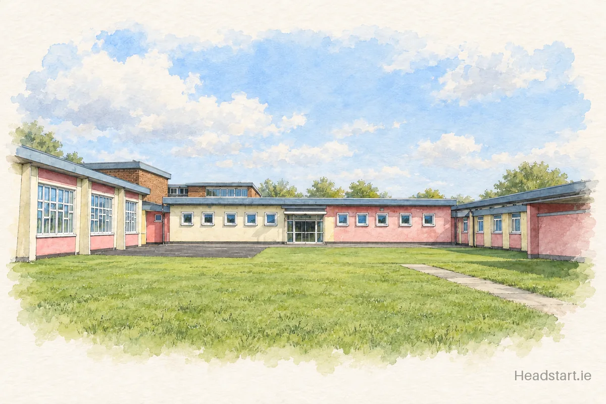 Watercolour illustration of the St Louise De Marillac Primary School building, Ballyfermot