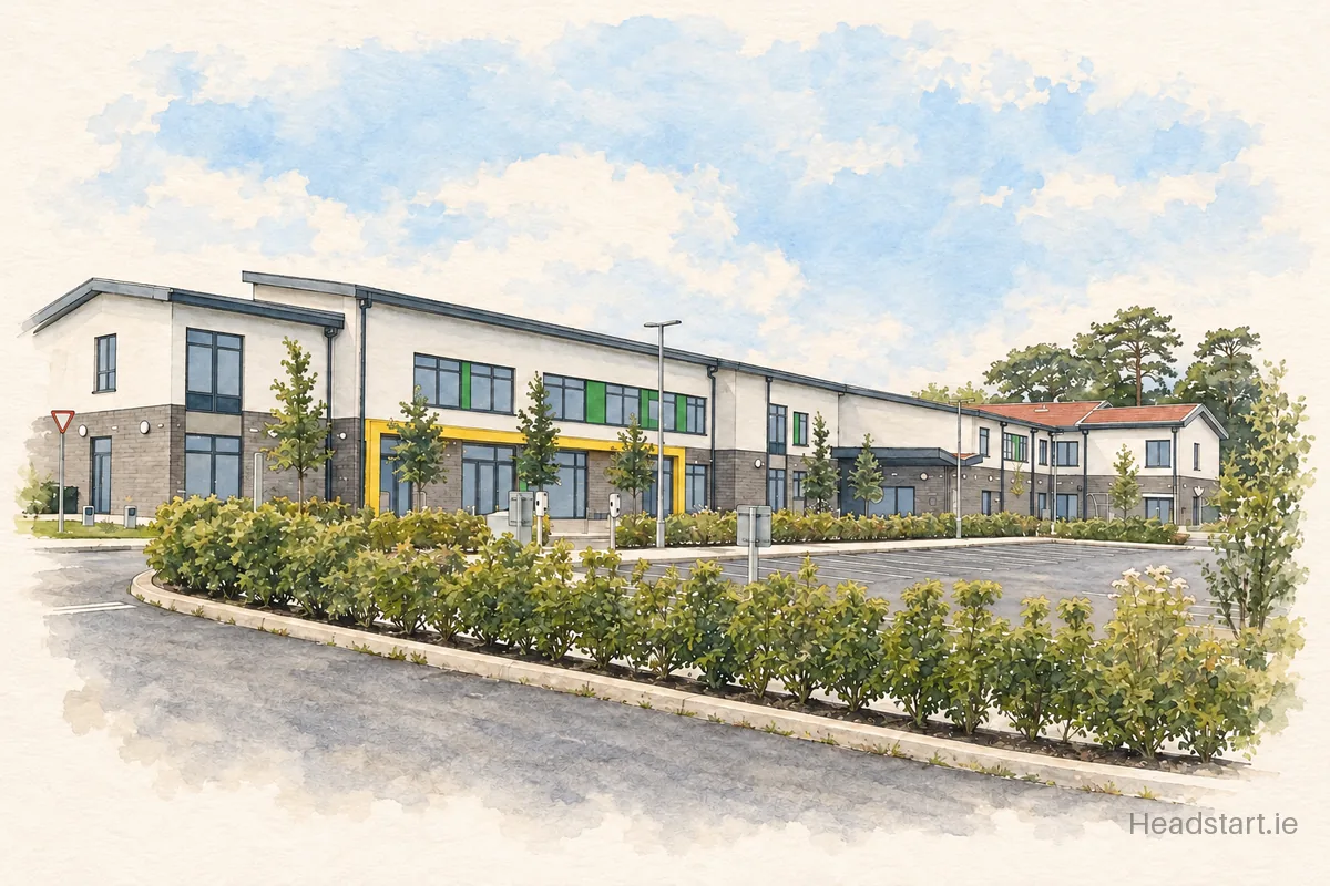 Watercolour illustration of the Ballinteer Educate Together National School building, Sandyford Road