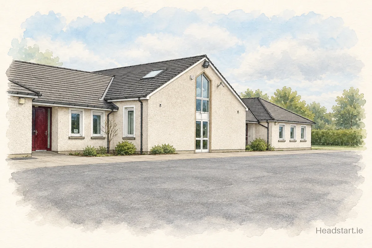 Watercolour illustration of the Knocknacarra Educate Together School building, Galway