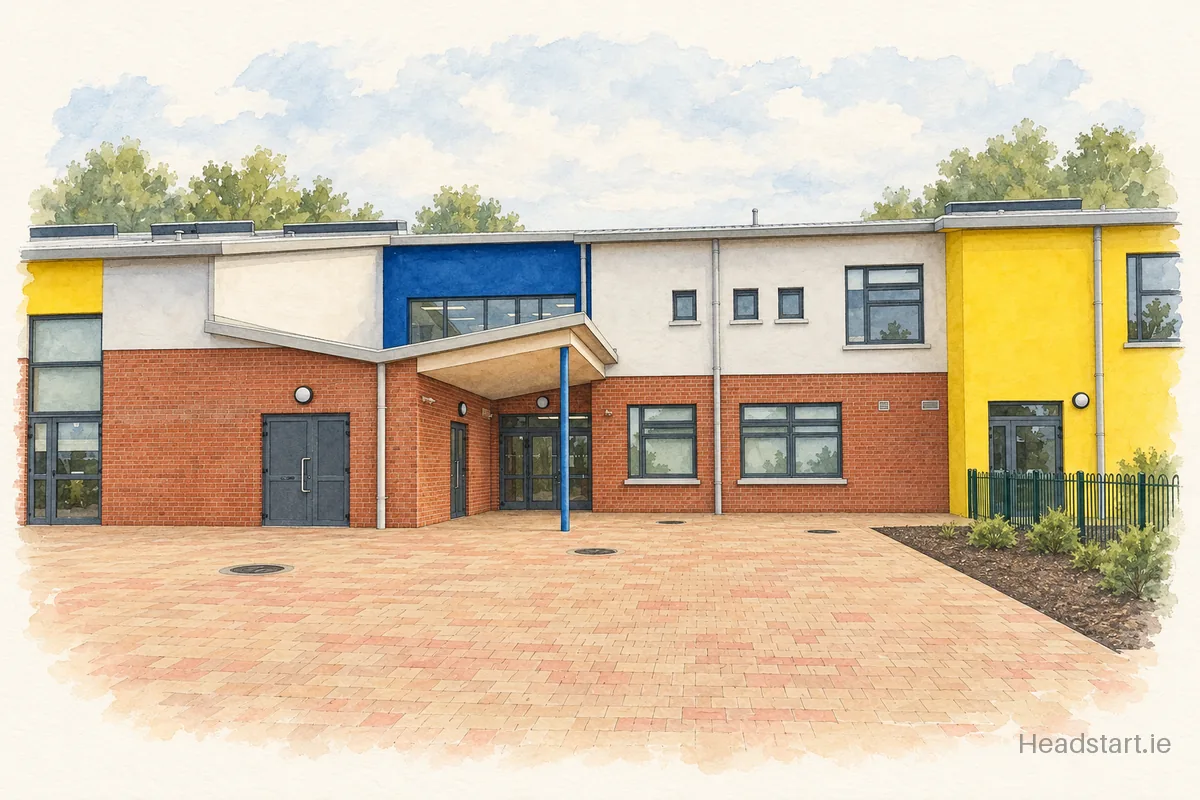 Watercolour illustration of the Gaelscoil Na Giuise building, Teach na Giúise