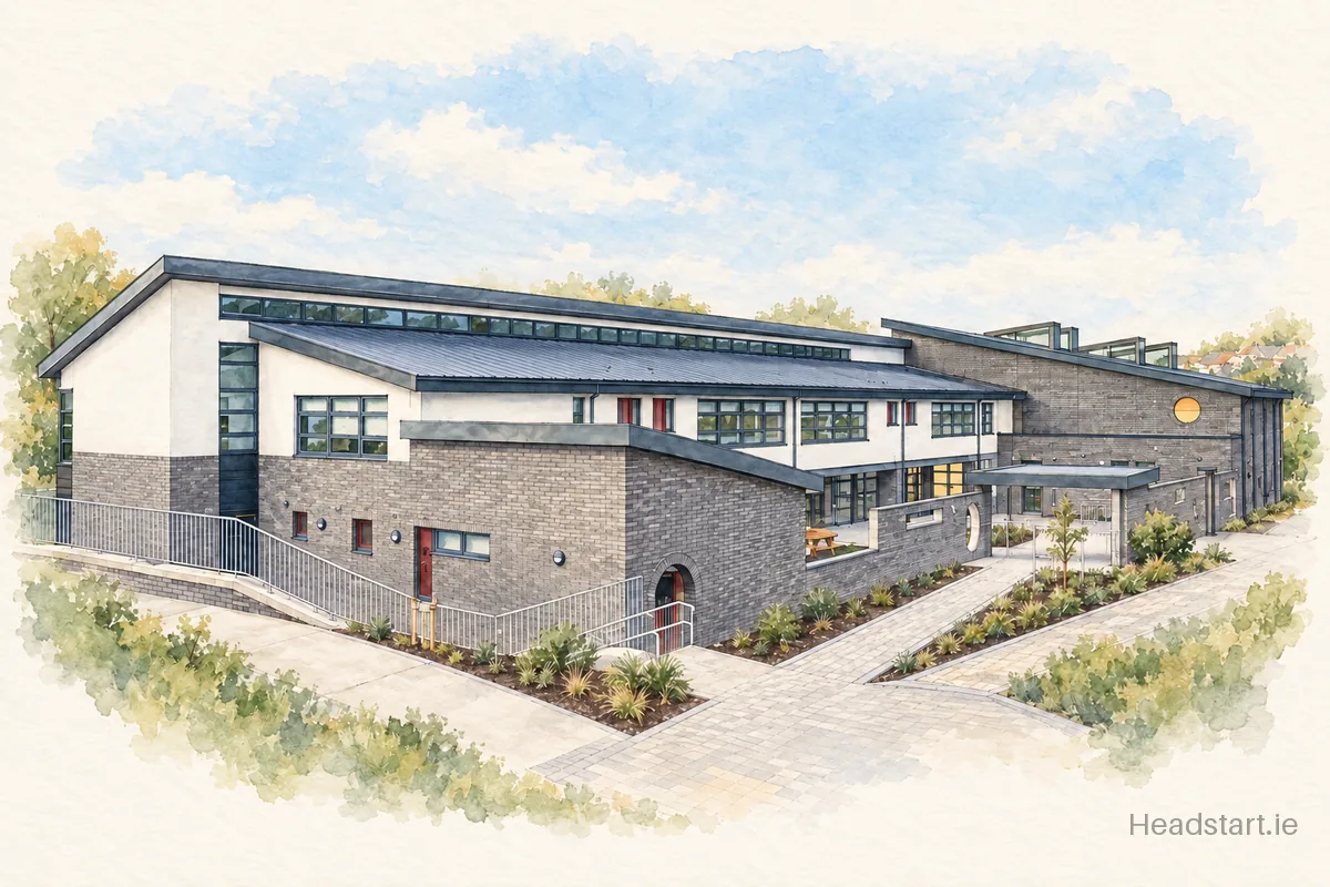 Watercolour illustration of the Rochestown Educate Together National School building, Douglas