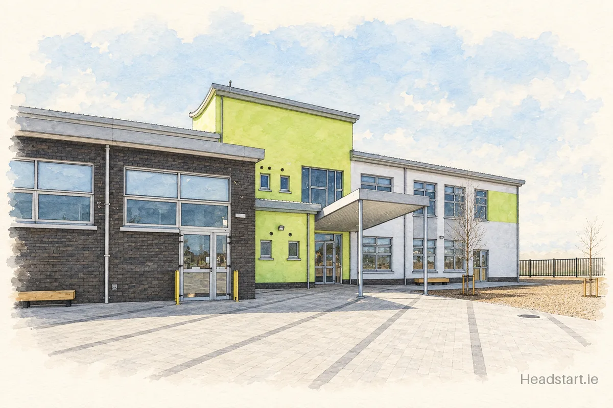 Watercolour illustration of the Gaelscoil Shliabh Rua building, BÁC 18