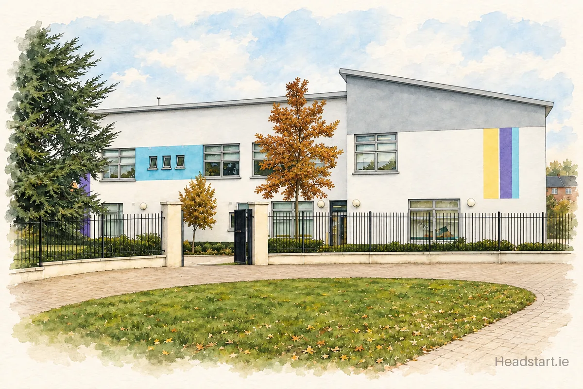 Watercolour illustration of the Lucan Community National School building, Lucan