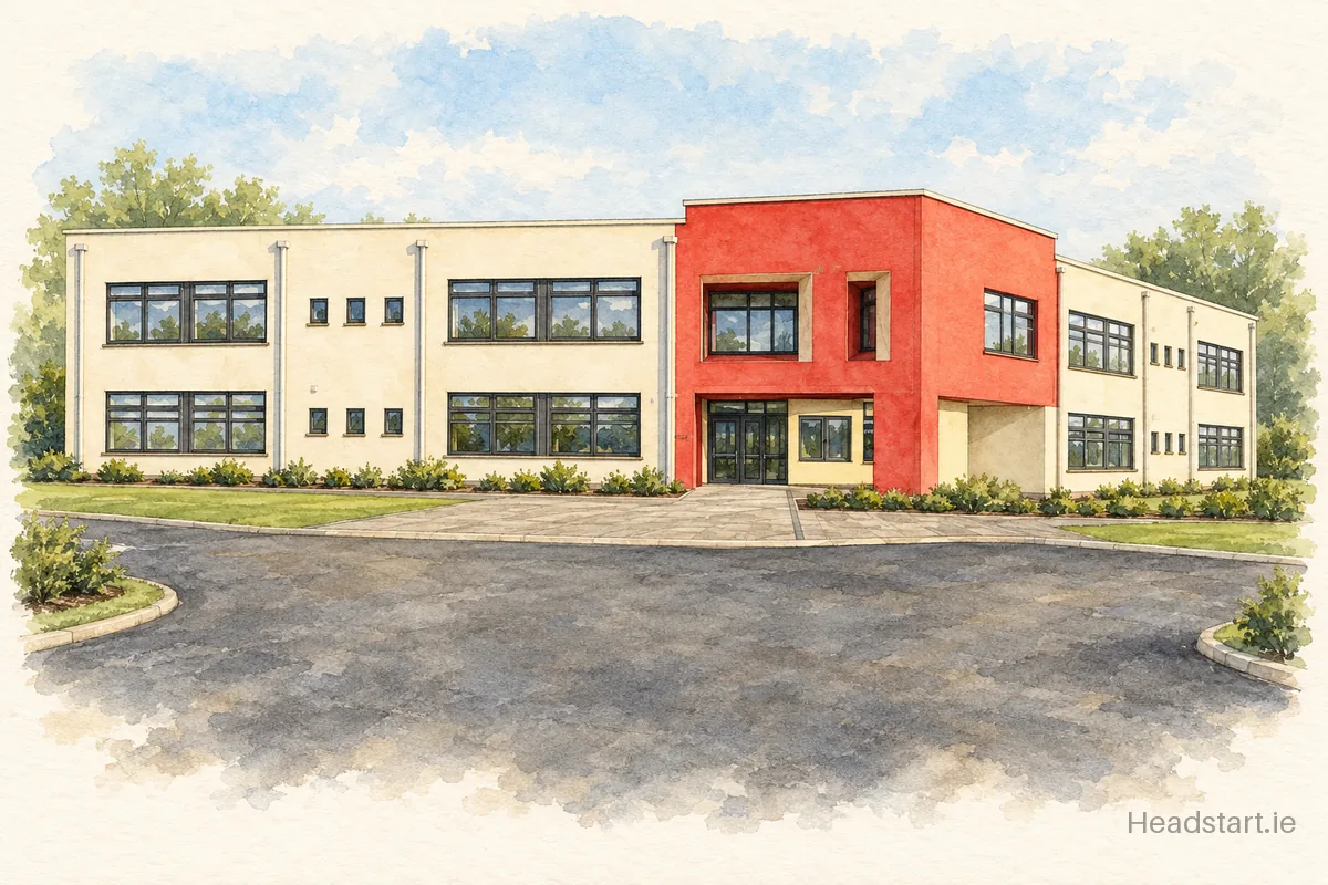 Watercolour illustration of the Gaelscoil Mhic Aodha building, Kildare