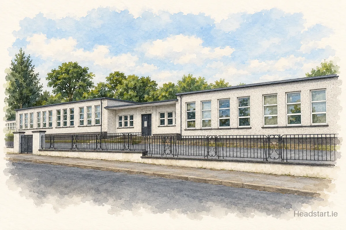 Watercolour illustration of the Scoil Mhuire building, Carrick-on-Shannon