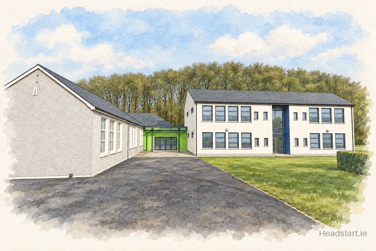 Watercolour illustration of the Broadford & Kilbane National School building, Co. Clare