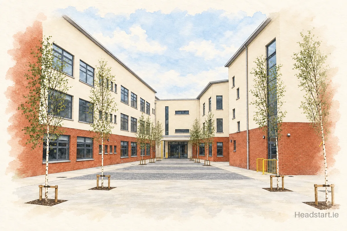 Watercolour illustration of the Greystones Community National School building, Delgany
