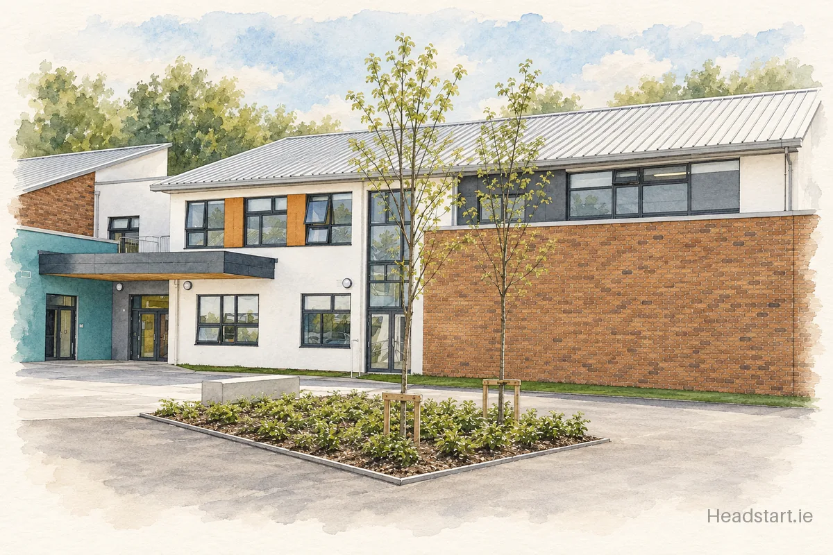 Watercolour illustration of the Holy Family Senior School building, Portlaoise