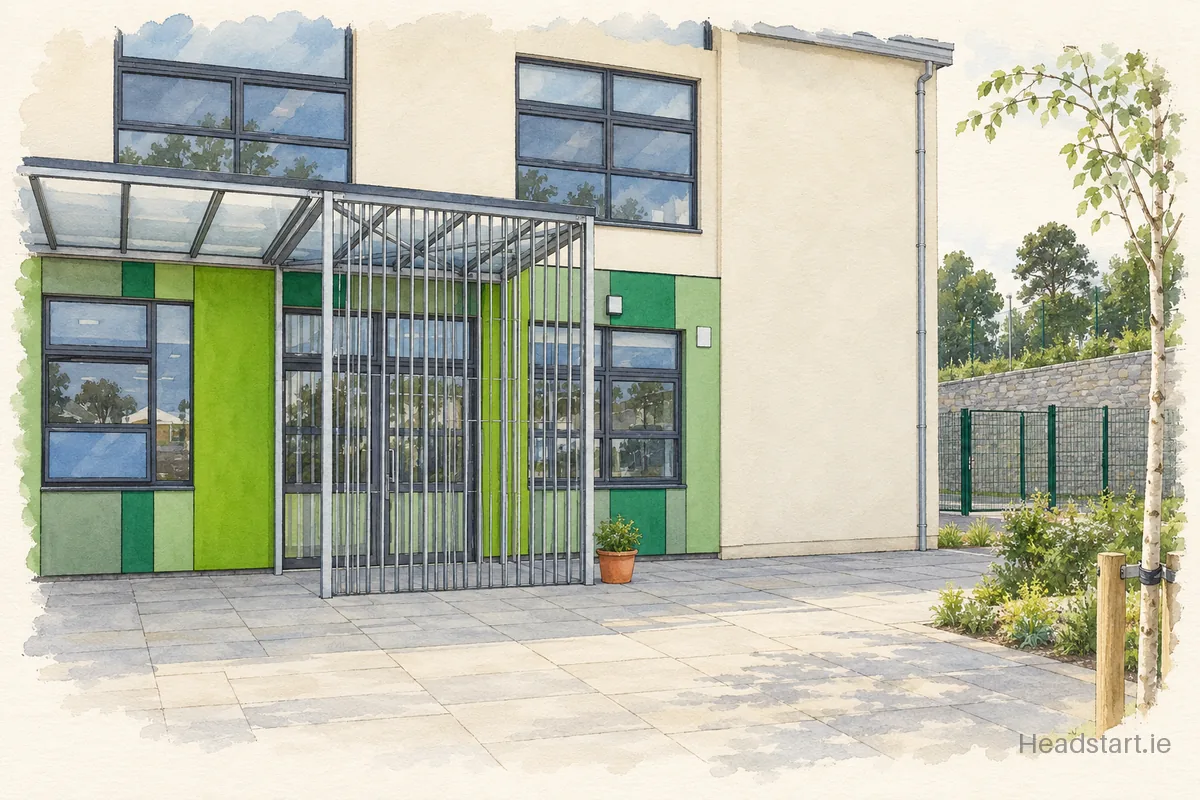 Watercolour illustration of the Bunscoil Nic Amhlaidh (Catherine Mcauley Jnr) building, New Ross