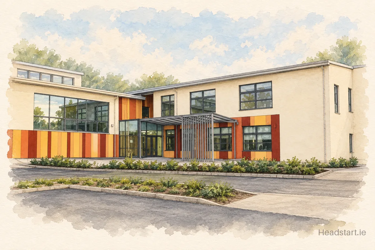 Watercolour illustration of the Bunscoil Ris building, New Ross