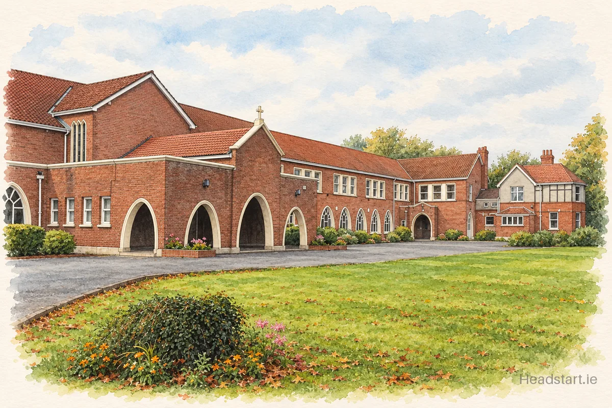 Watercolour illustration of the Gaelscoil Na Fuinseoige building, Baile an Teampaill