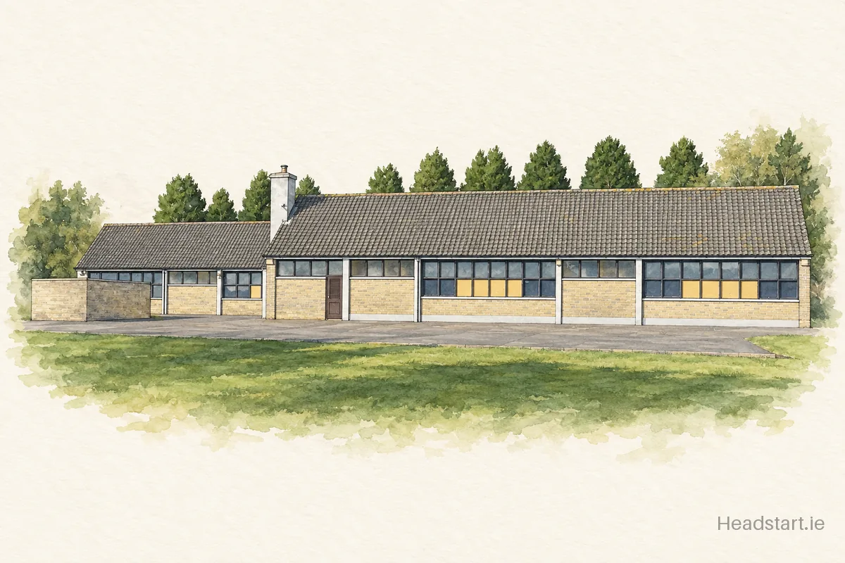 Watercolour illustration of the Scoil Mhuire building, Mooncoin