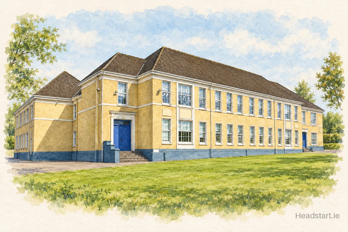 Watercolour illustration of the Scoil Mhuire Agus Eoin building, Cork (northside)