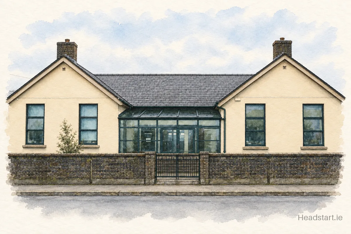 Watercolour illustration of the Scoil Mhuire Allenwood National School building, Naas