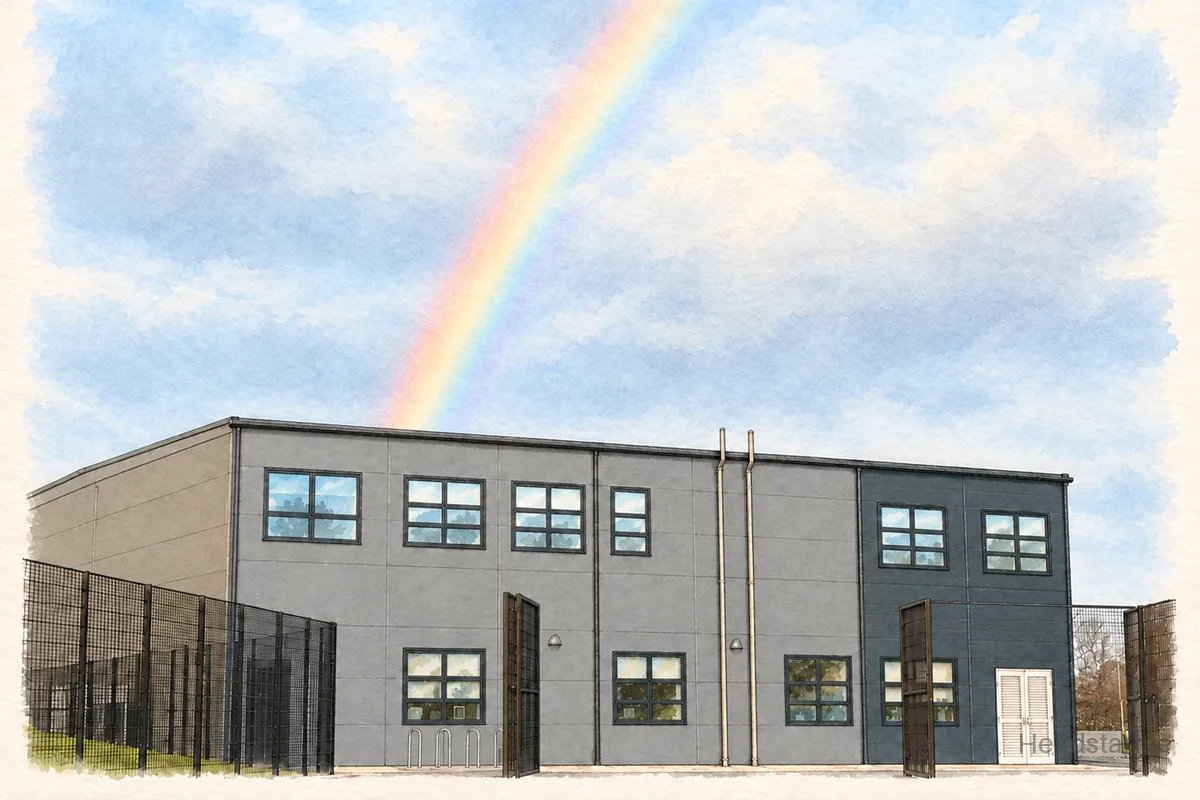 Watercolour illustration of the Gaelscoil Laighean building, Cnoc Muirfeann