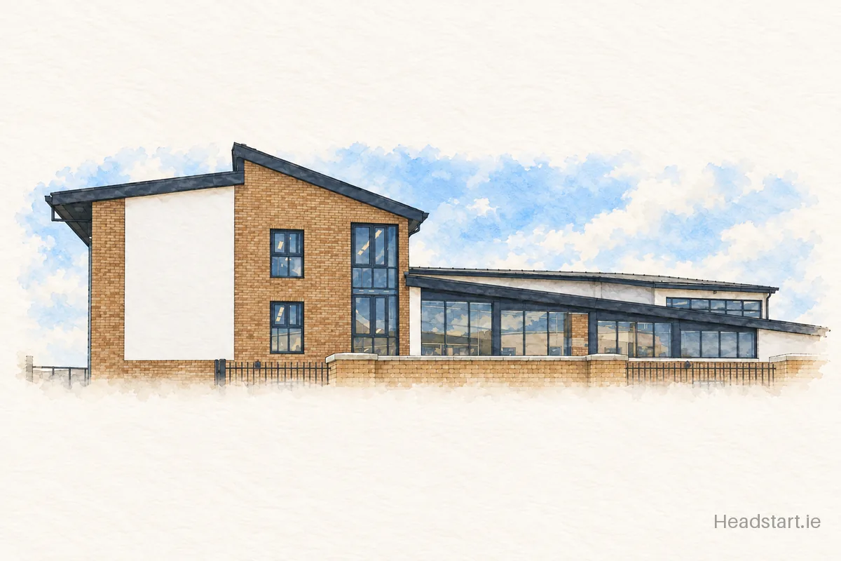 Watercolour illustration of the Stapolin Educate Together National School building, The Coast