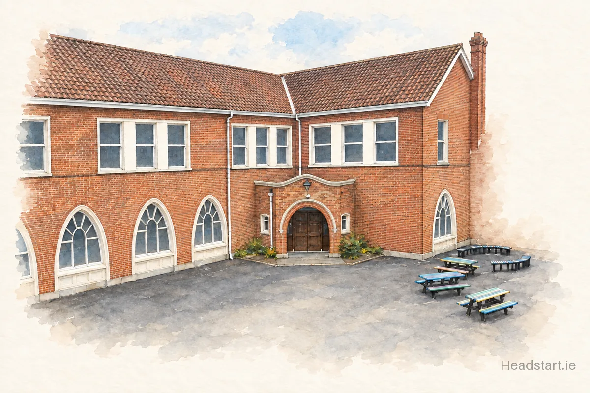 Watercolour illustration of the Goatstown Stillorgan Educate Together National School building, Churchtown Road Upper