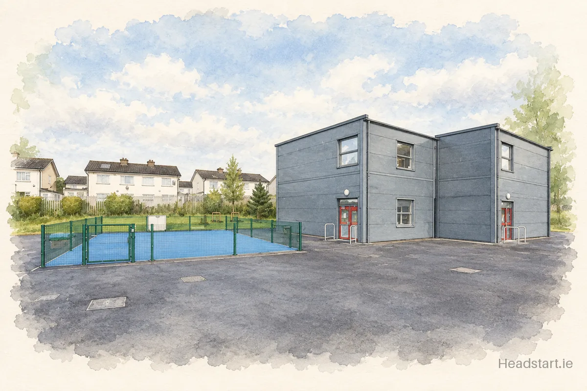 Watercolour illustration of the Leixlip Educate Together National School building, Maynooth