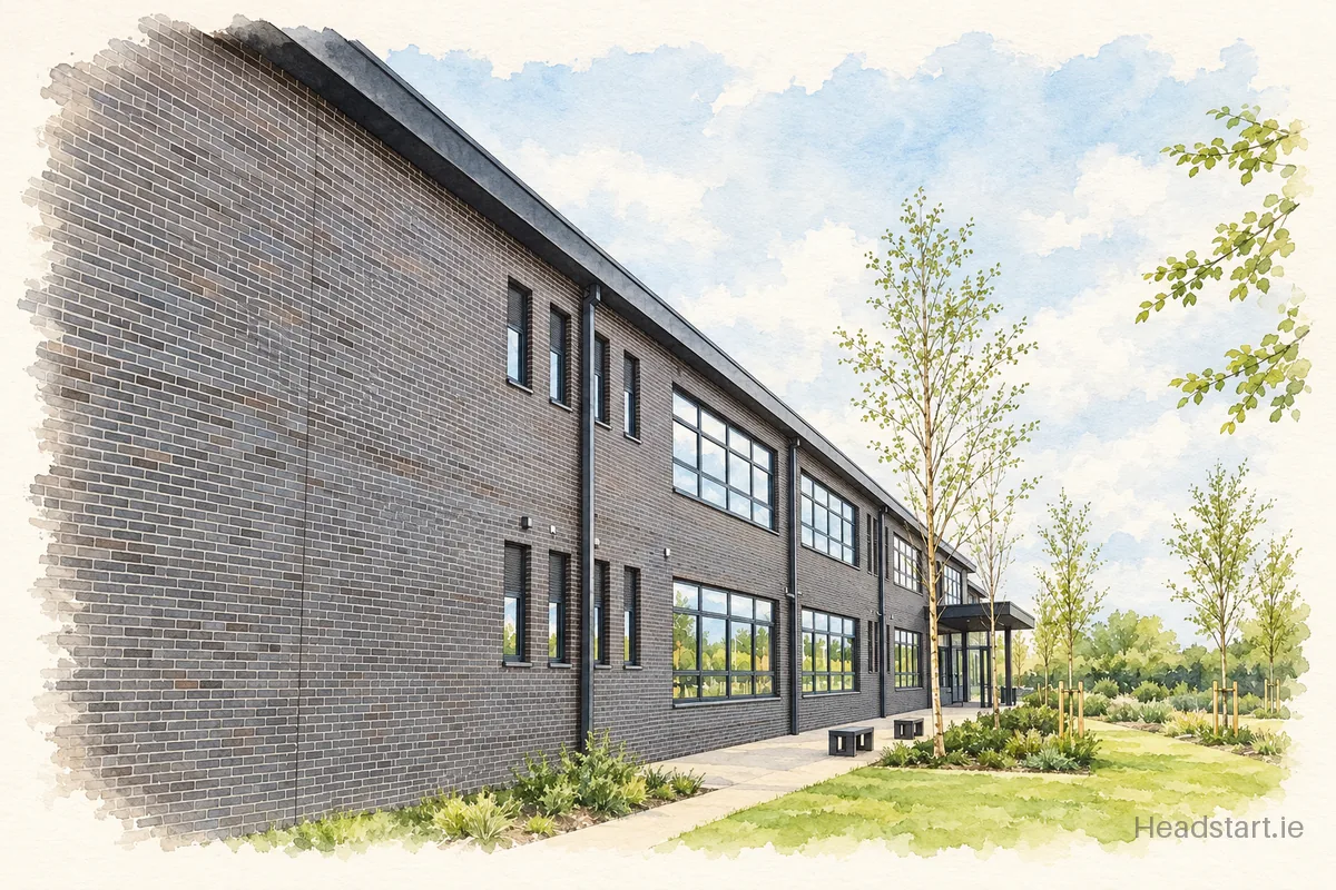 Watercolour illustration of the Gaelscoil Lir building, Teach Sagard