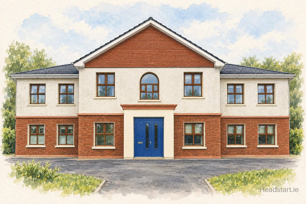 Watercolour illustration of the Owenabue Educate Together National School building, Carrigaline