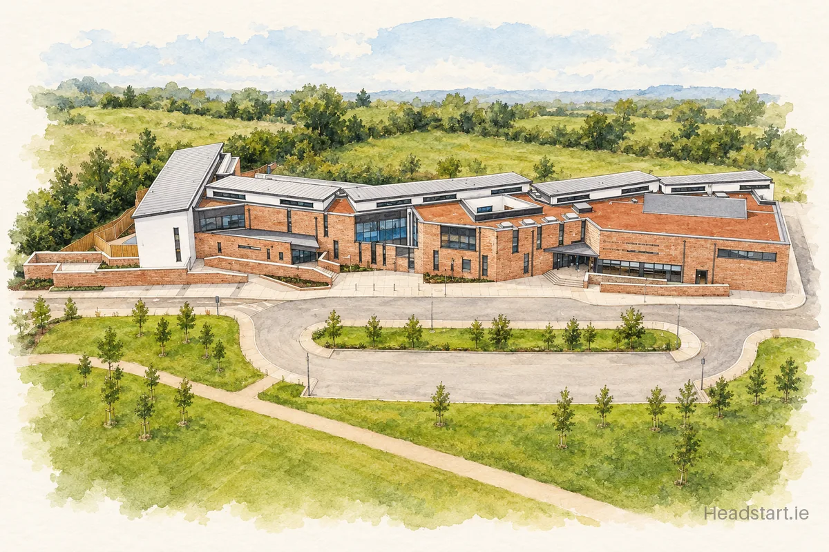 Watercolour illustration of the Cherrywood Educate Together National School building, Cherrywood