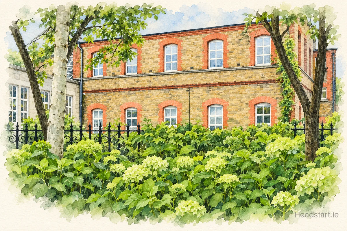 Watercolour illustration of the Gaelscoil Eoin building, Droichead na Dothra