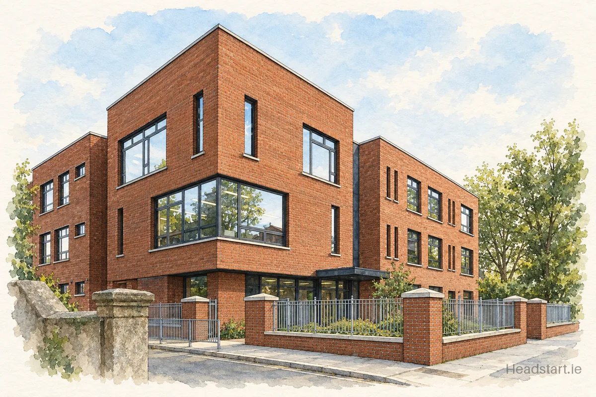 Watercolour illustration of the St Christopher's Primary School building, Ballsbridge