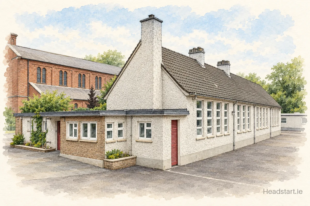 Watercolour illustration of the Holy Well National School building, Carrigaline