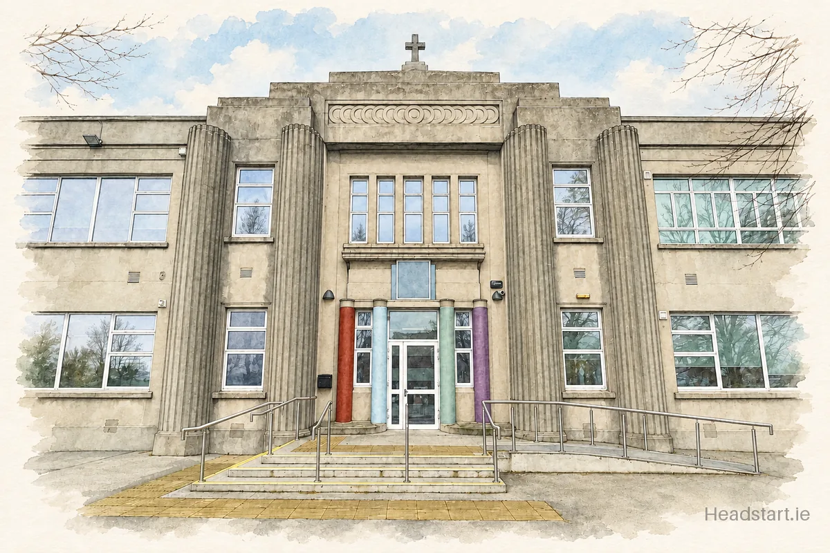 Watercolour illustration of the Our Lady of Hope School building, Crumlin