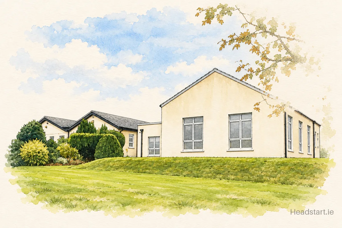 Watercolour illustration of the Réalt na Mara National School building, Waterford
