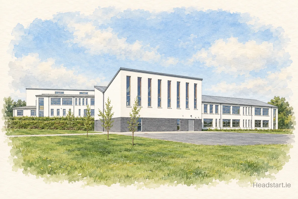 Watercolour illustration of the Scoil Naomh Pádraig building, Kanturk