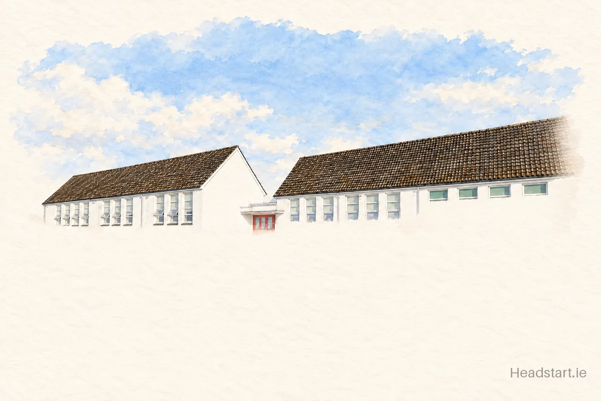 Watercolour illustration of the Scoil Naomh Muire, Eas Géitine building, Askeaton