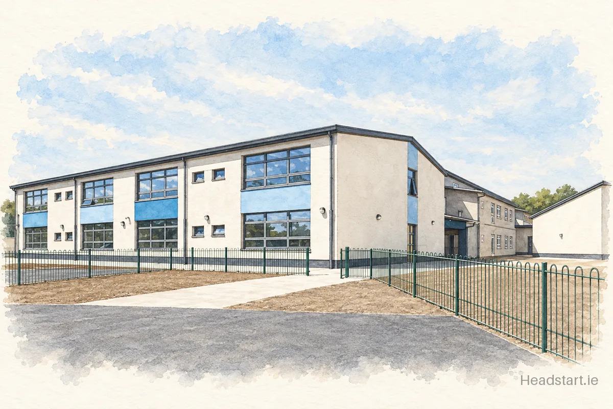 Watercolour illustration of the Gorey Hill School building, Creagh Upper