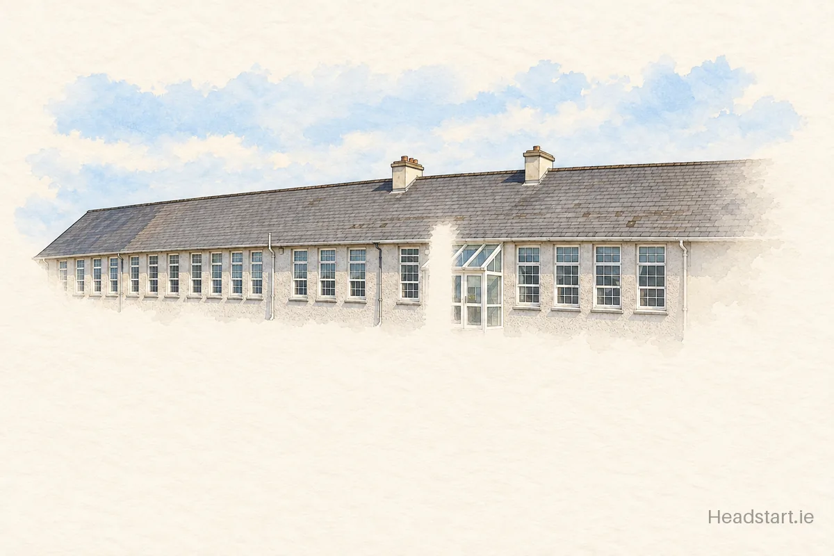 Watercolour illustration of the Headford Primary School building, Headford