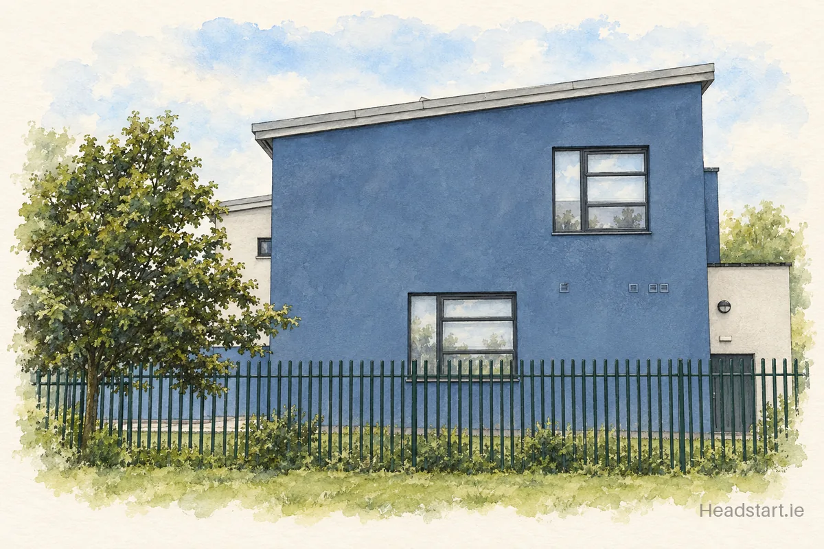 Watercolour illustration of the Scoil Íosa building, Oranmore