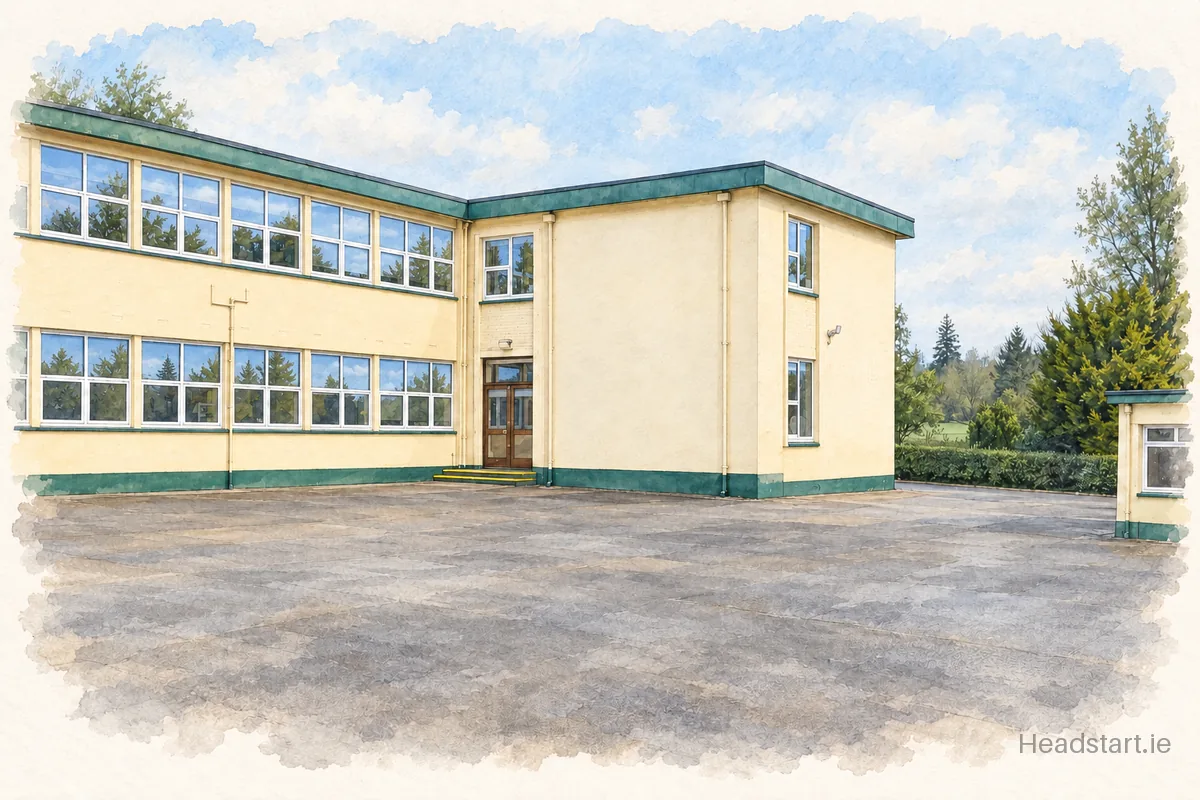 Watercolour illustration of the Scoil Íosagáin building, Castlecomer