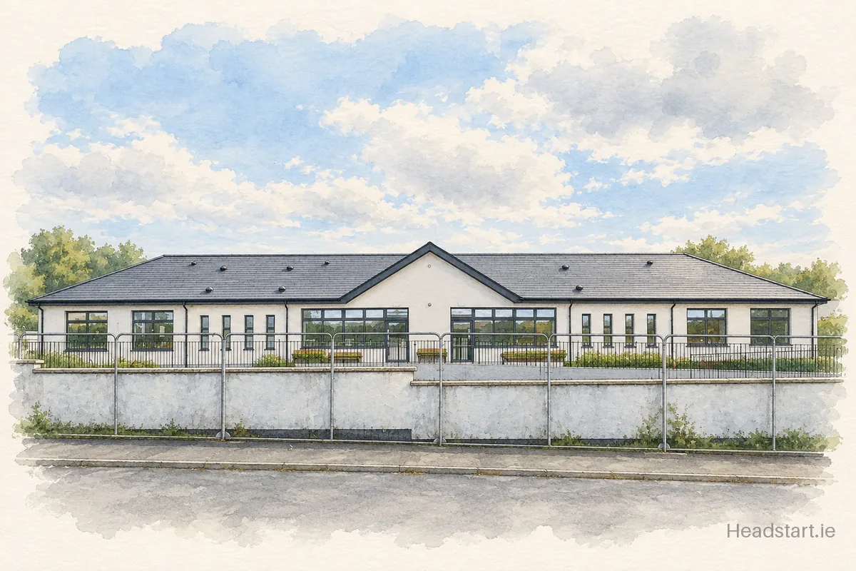 Watercolour illustration of the North Cork Community Special School building, Whitechurch