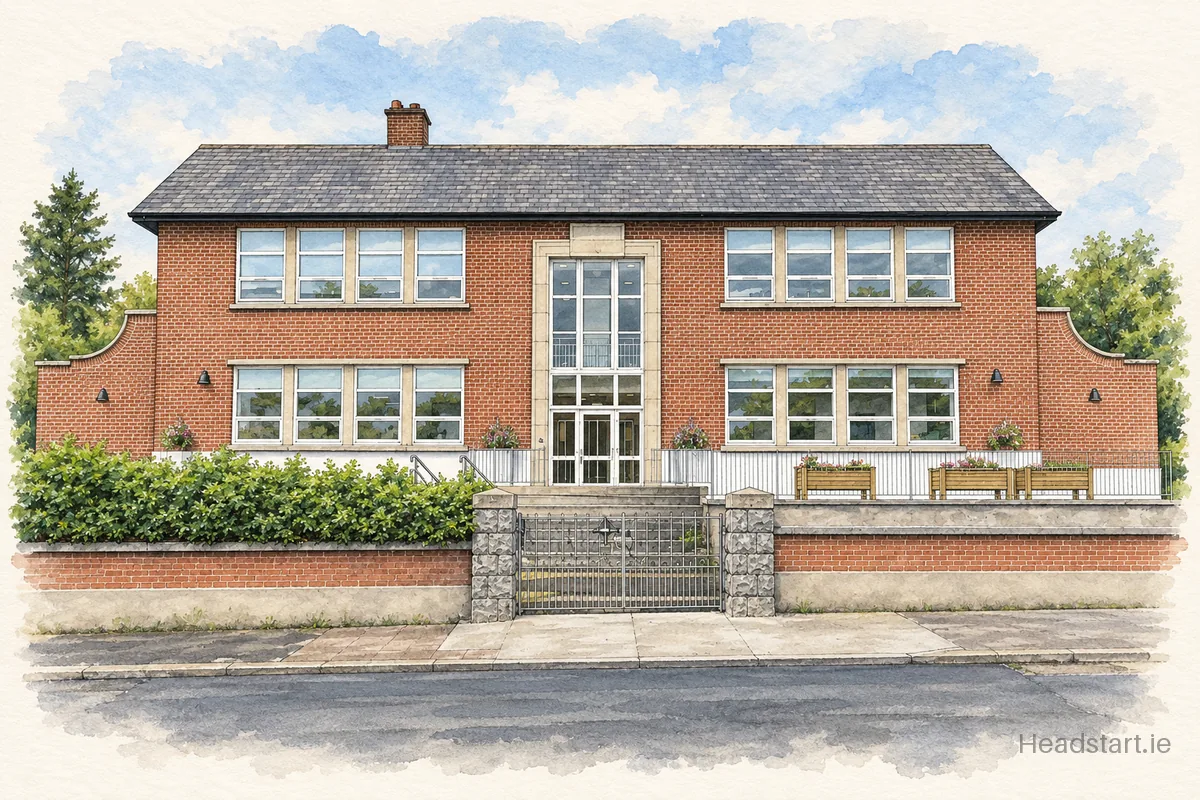 Watercolour illustration of the Monaghan Community Special School building, Castleblayney