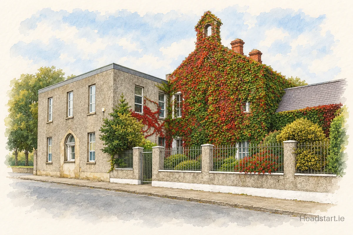 Watercolour illustration of the St Marys Secondary School building, Baldoyle