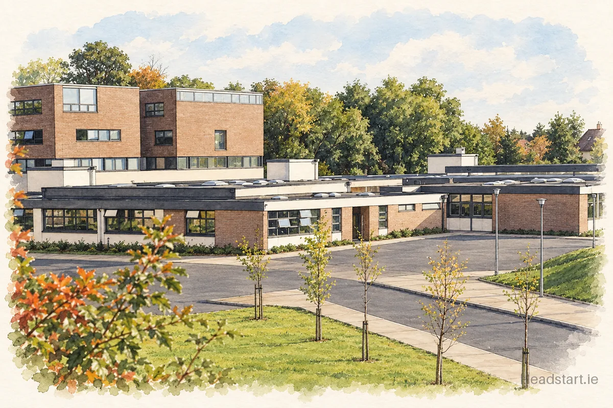 Watercolour illustration of the Coláiste Eoin building, Blackrock