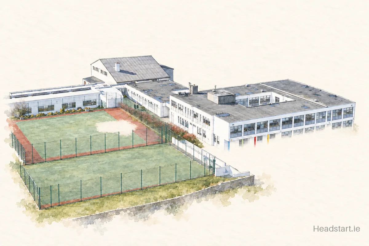 Watercolour illustration of the Rockford Manor Secondary School building, Blackrock