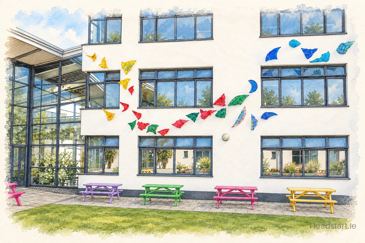 Watercolour illustration of the Coláiste Bríde building, Clondalkin