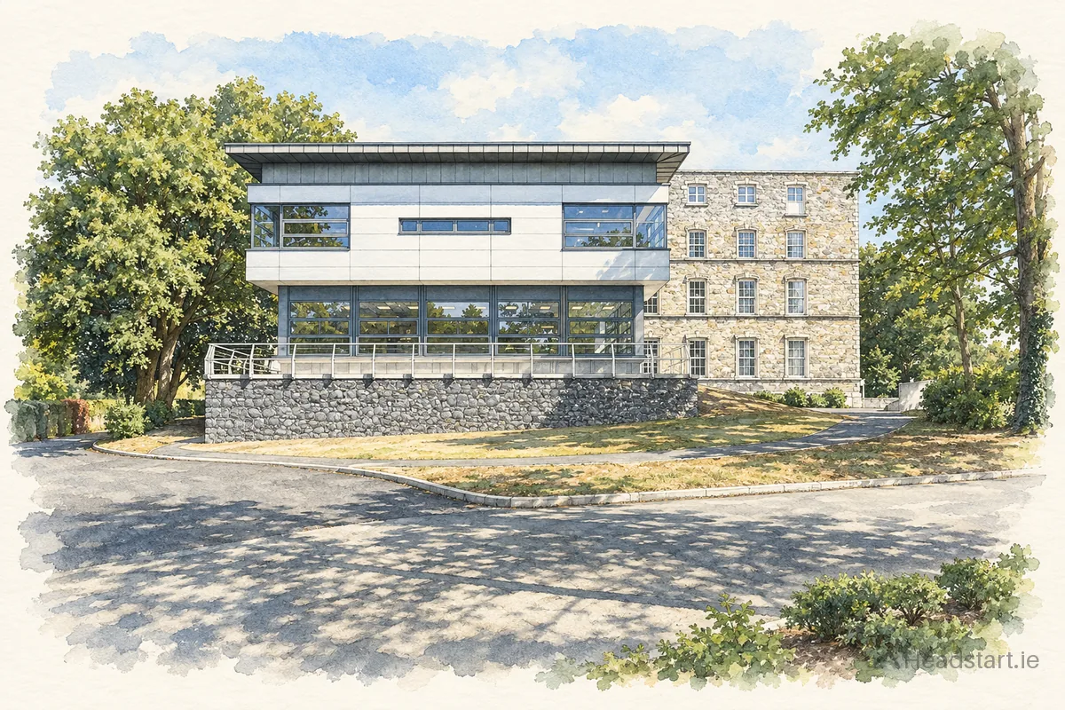 Watercolour illustration of the Mount Anville Secondary School building, Dublin 14