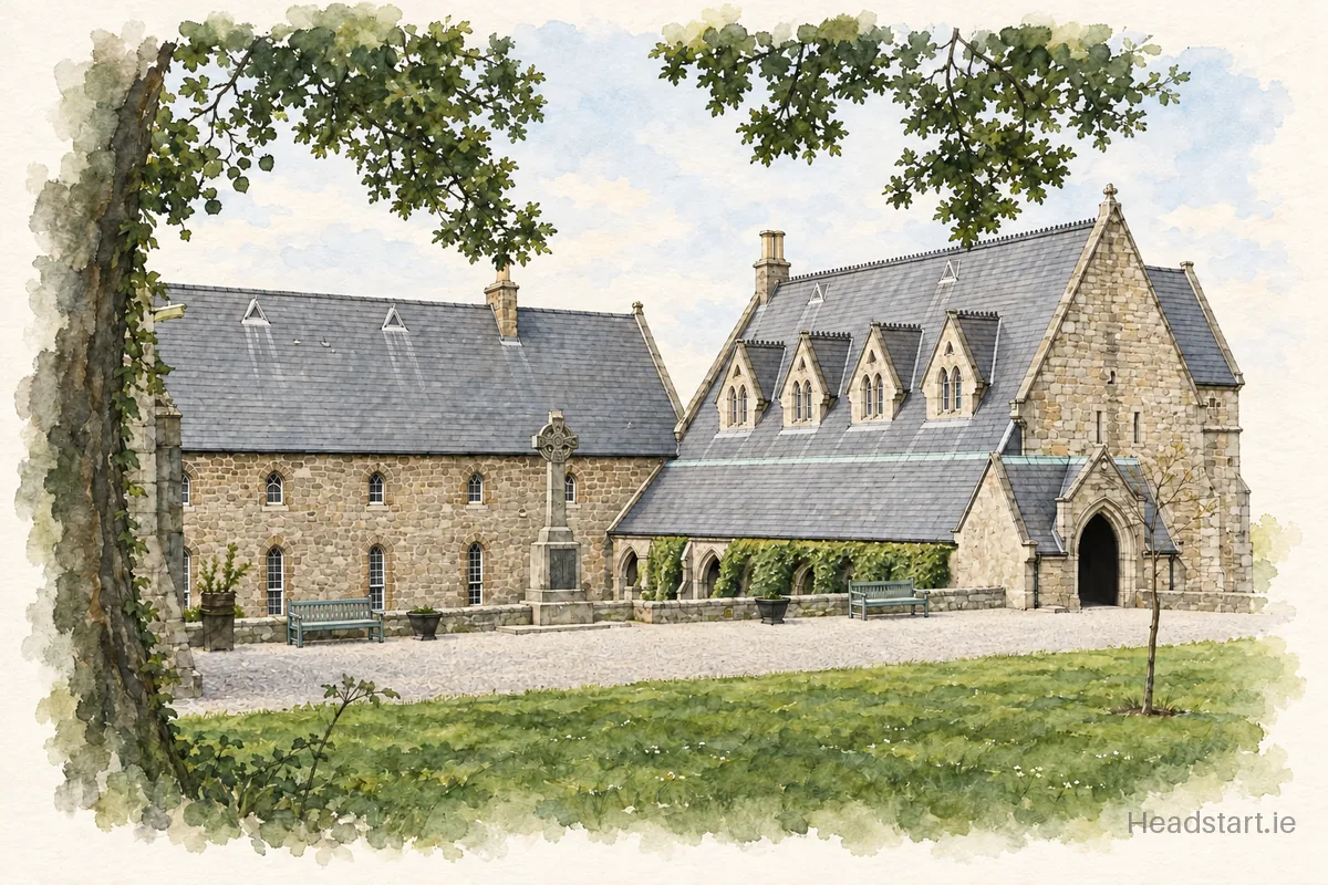 Watercolour illustration of the St Columbas College building, Dublin 16